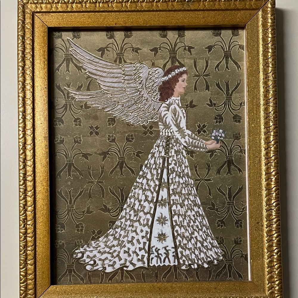 Gold Framed Angel Wall Art Guardian of marriage vtg Kay Jackson 9 by 10